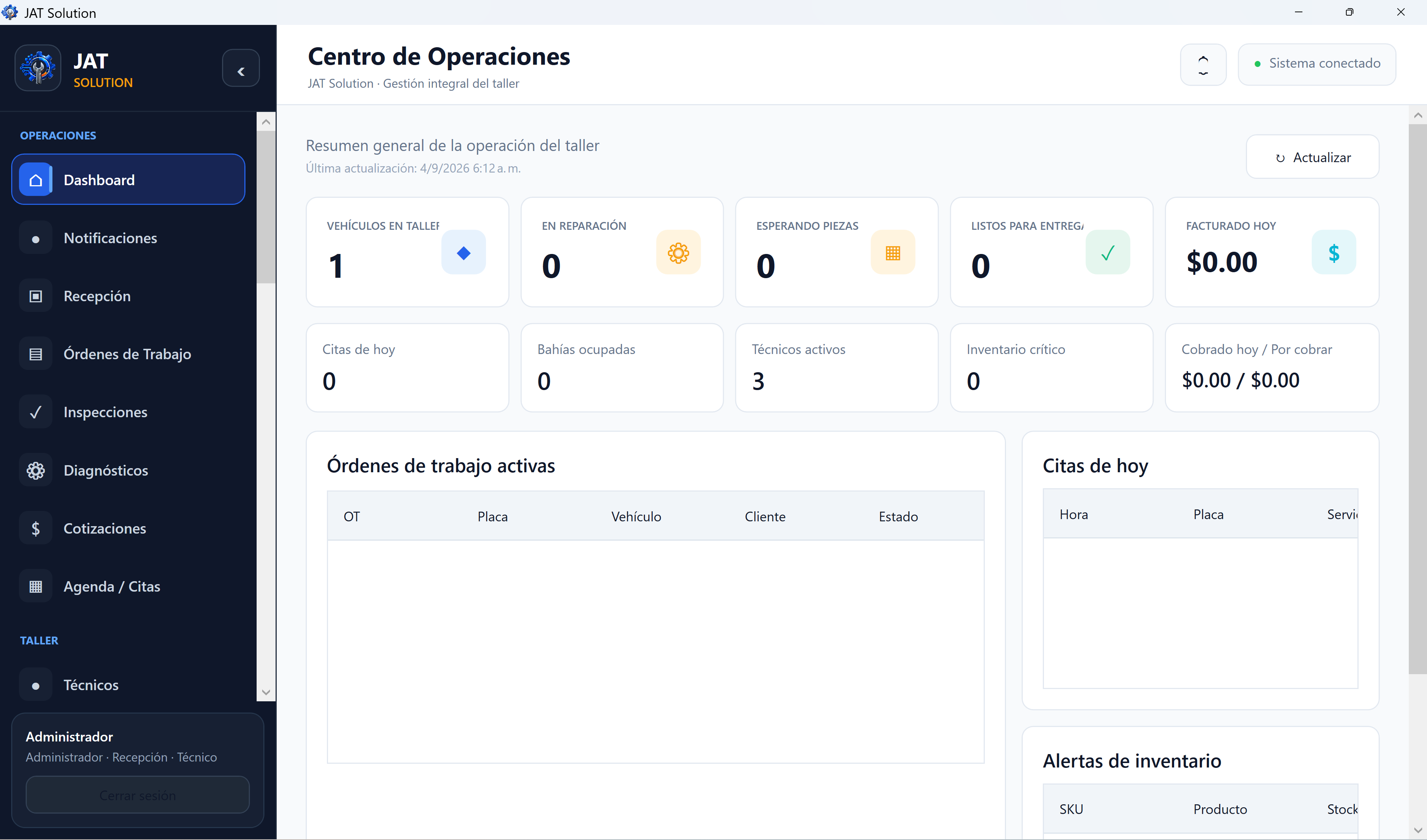 Centro de Operaciones de JAT Solution con indicadores, órdenes activas, citas y alertas de inventario