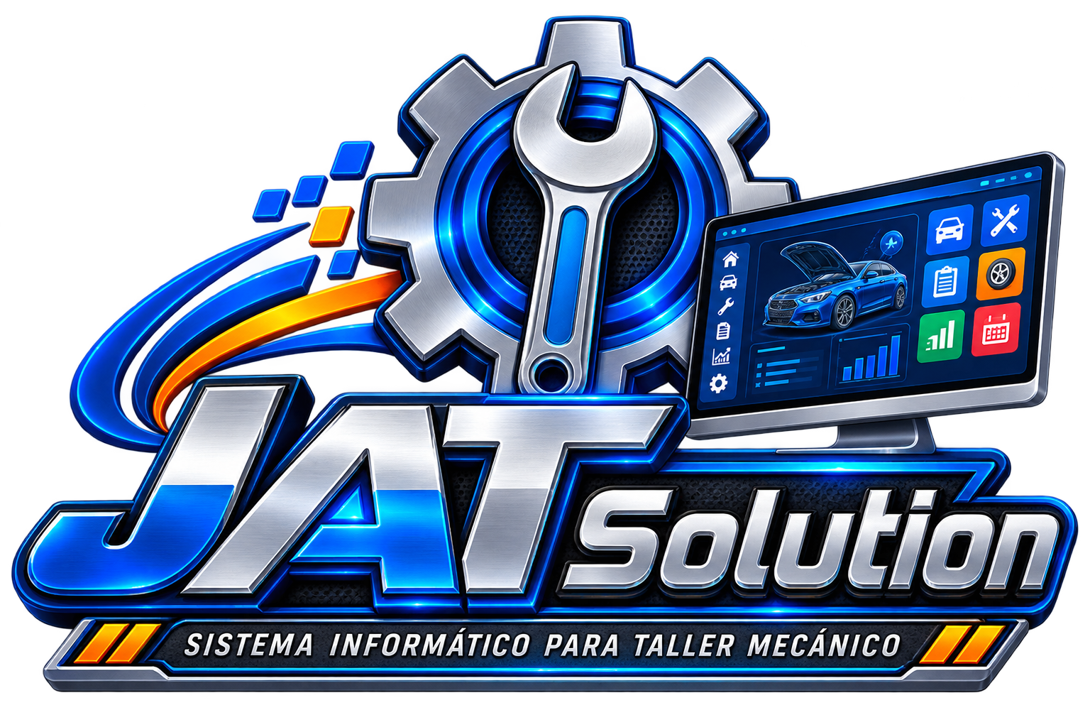 Identidad visual de JAT Solution: engranaje, llave mecánica y representación conceptual del software